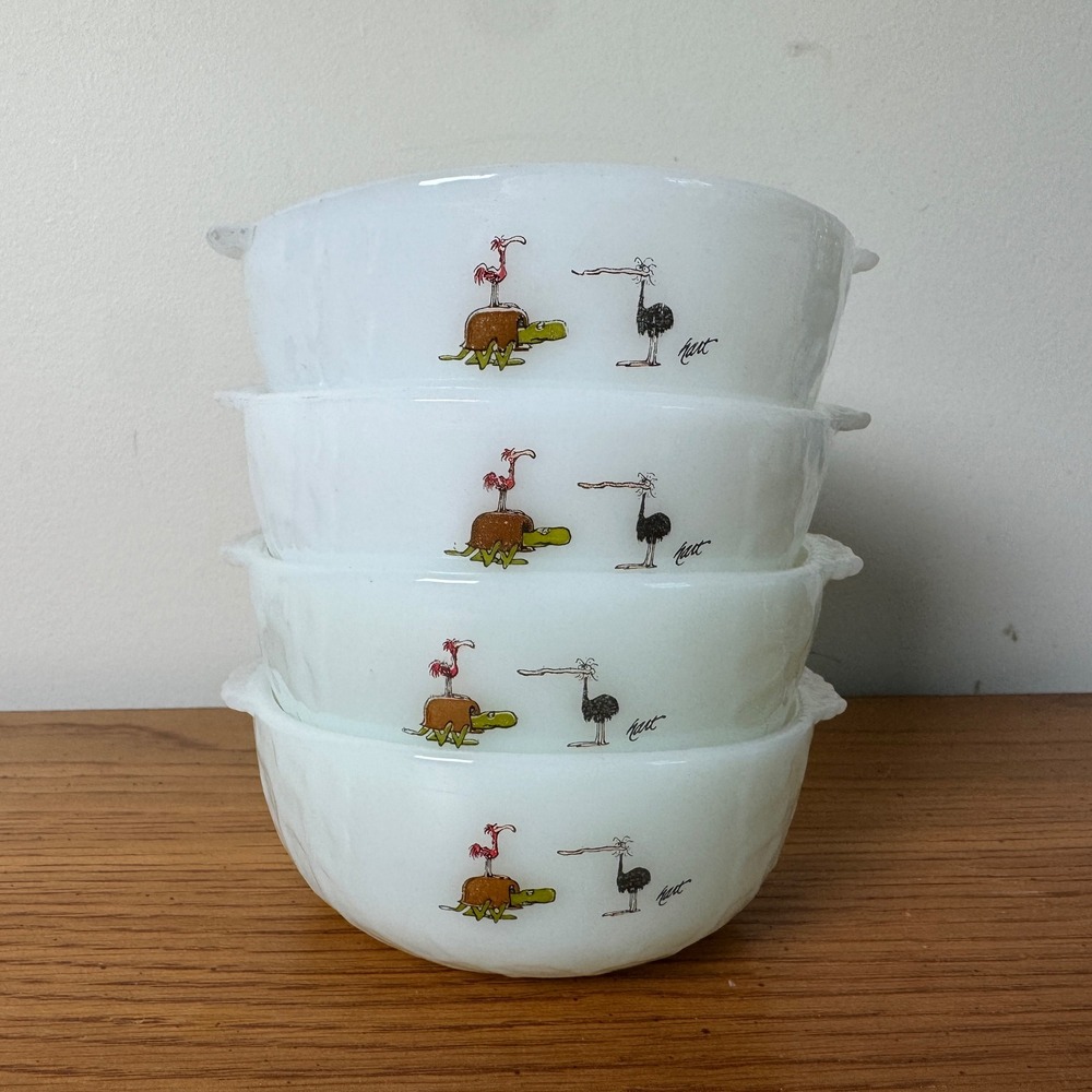 Fire King Anchor Hocking BC Comics Johnny Hart Milk Glass Bowls Set of 4 Caveman